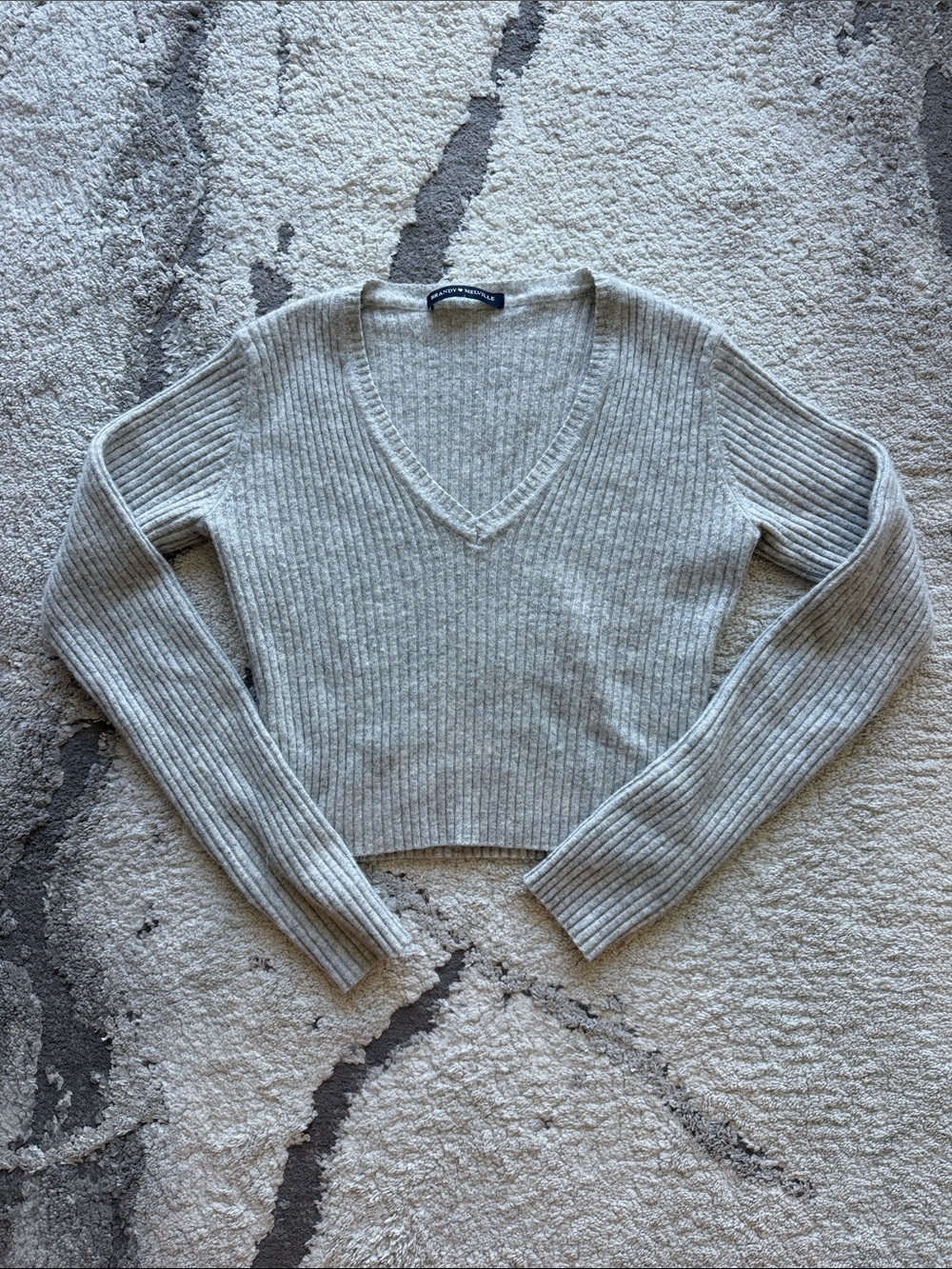 Brandy Melville Heather Grey Ribbed V-Neck Long Sleeve Top